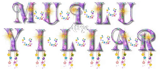 the word mutlu is written in purple letters with hearts and stars