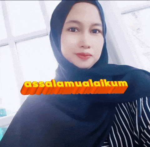 a woman wearing a black hijab and a striped shirt says " assalamualaikum " in yellow letters
