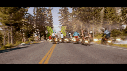 a group of people are riding bikes down a road with trees in the background