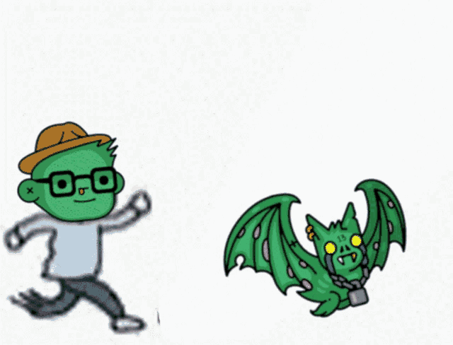 a cartoon drawing of a man and a bat with glasses