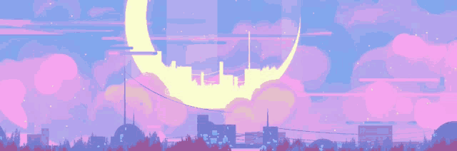 a painting of a city with a crescent moon in the background