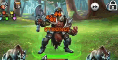 a screenshot of a video game with a strong orc standing in the middle of a forest surrounded by wolves .
