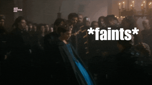 a woman in a blue dress stands in front of a crowd with the words * faints * on the bottom right