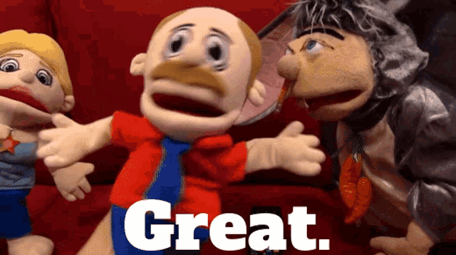 a group of stuffed animals are standing next to each other and the word great is on the bottom left