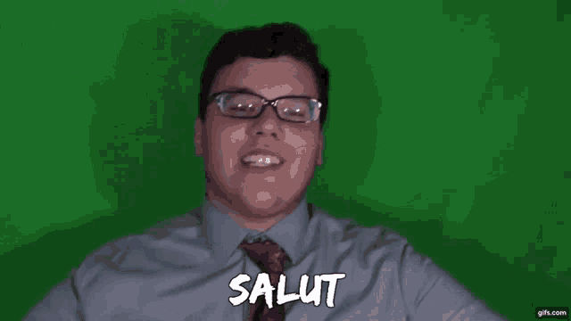 a man with glasses says salut porc gras in front of a green screen