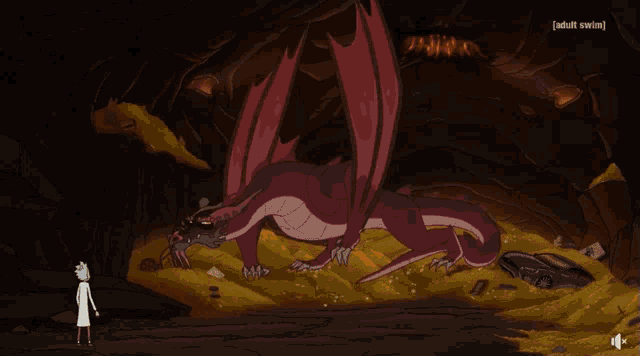 a cartoon of a dragon in a cave with the words adult swim on the bottom