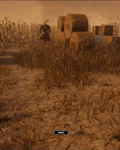 a video game screen shows a monster running through a field and says space on the bottom