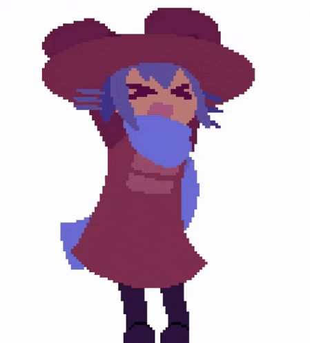 a pixel art of a witch with blue hair