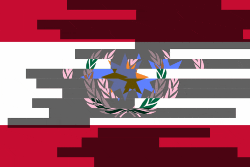a red white and gray flag with a star and laurel wreath on it