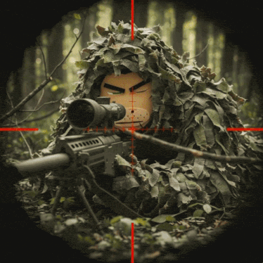 a cartoon of a sniper in a camouflage suit with a sniper scope pointed at him