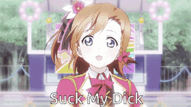 a picture of a girl with the words " suck my dick " below her