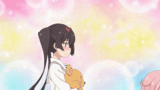 two anime girls are hugging each other and one is holding a stuffed animal