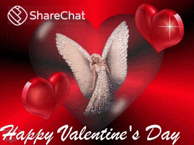 a happy valentine 's day greeting card with a white angel surrounded by red hearts