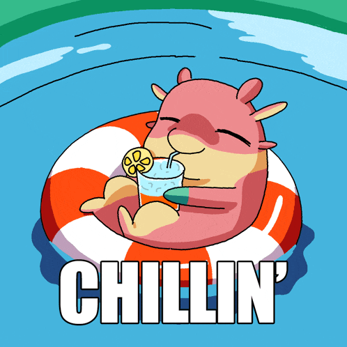 a cartoon drawing of a monster floating on a life preserver drinking a drink with the words chillin written below it