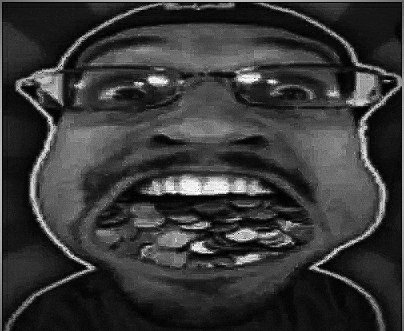 a black and white drawing of a man with glasses and coins coming out of his mouth