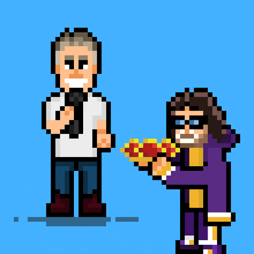 a pixel art illustration of a man holding a microphone and a man holding a pizza