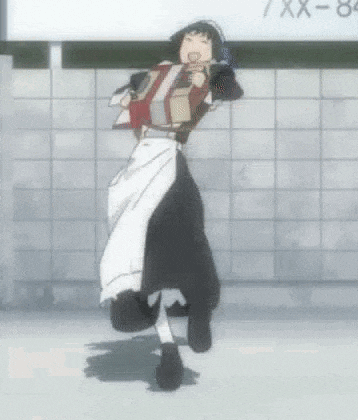 a woman in a maid costume is holding a gift box while dancing .