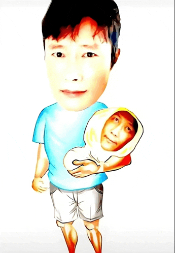 a cartoon drawing of a man holding a baby with his face on it