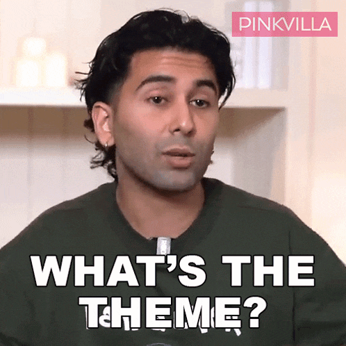 a man says " what 's the theme " in front of a pink villa logo