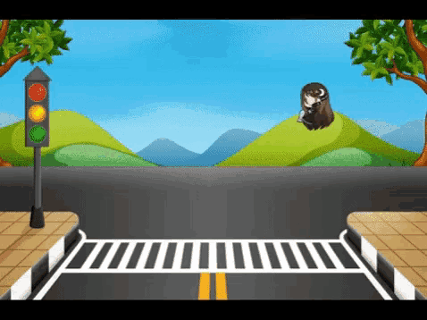 a cartoon illustration of a girl standing on top of a hill near a traffic light