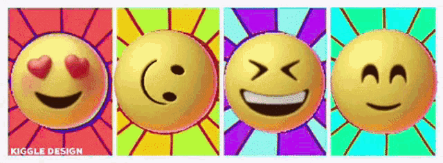 four smiley faces are lined up in a row with the words kigge design on the bottom right