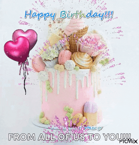 a birthday card with a cake and balloons that says " from all of us to you "