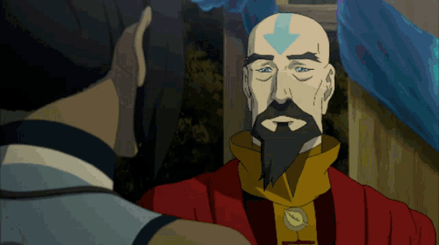 a bald man with a beard and an arrow on his head talks to another man
