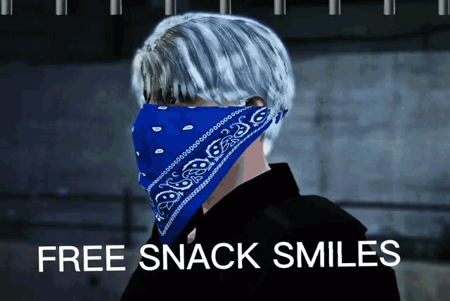 a man wearing a blue bandana with the words free snack smiles