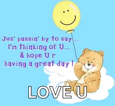 a teddy bear sitting on a cloud holding a yellow balloon with a smiley face on it