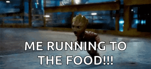 groot from guardians of the galaxy 2 is running to the food .