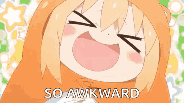a close up of a cartoon character laughing with the words `` so awkward '' .