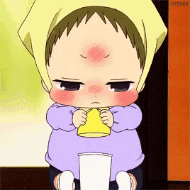 a cartoon of a baby with a yellow headband holding a cup