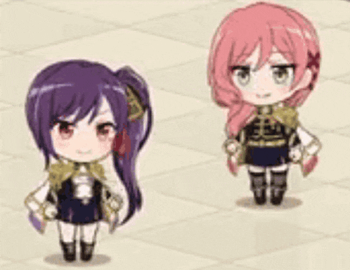 a purple and pink anime girl are standing next to each other on a tiled floor .