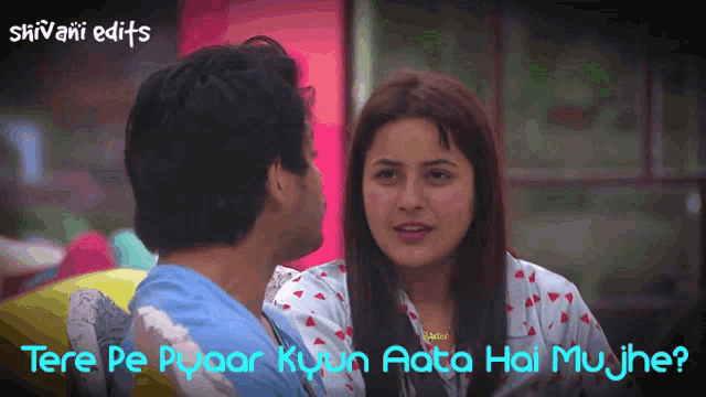 a man and a woman are looking at each other with the words tere pe pyaar kyun aata hai mujhe