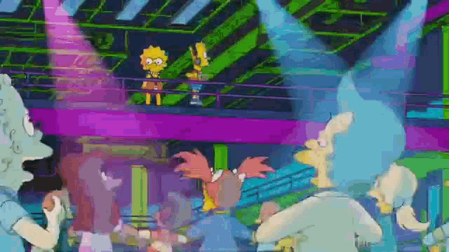 a group of cartoon characters are dancing in a club with a purple light shining on them .