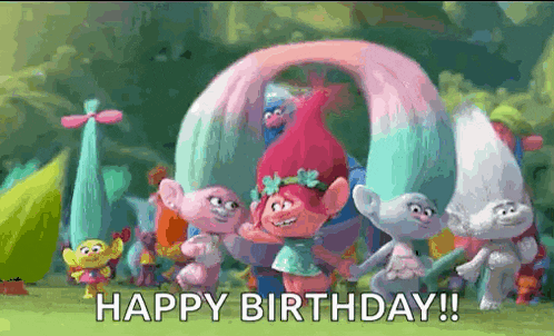 a group of trolls standing next to each other with the words `` happy birthday '' .