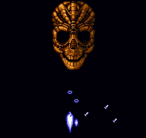 a pixel art drawing of a skull with big eyes