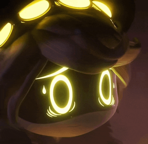 a close up of a cartoon character with yellow eyes