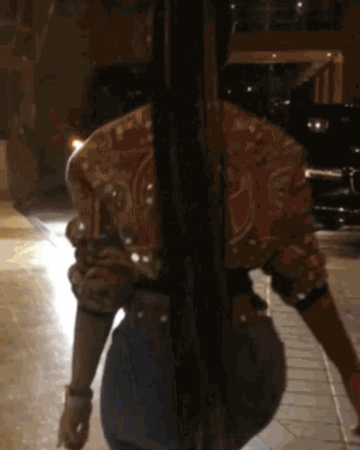 a woman in a paisley shirt is standing in front of a car