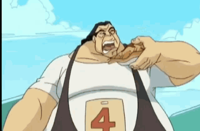 a cartoon character is sitting at a table eating noodles with a fork .