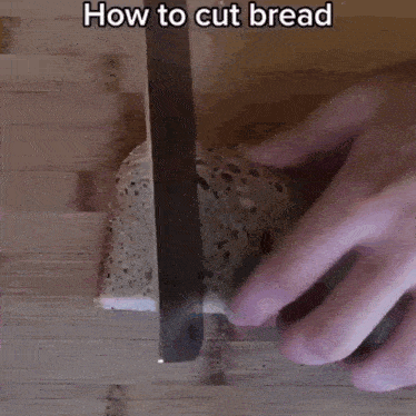 a person is cutting bread on a cutting board with the words how to cut bread below
