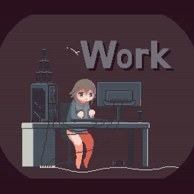 a pixel art drawing of a girl sitting at a desk with the word work written above her