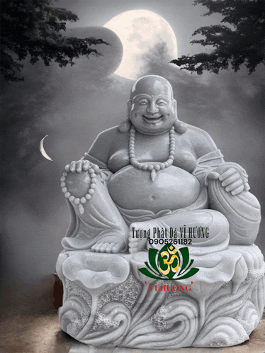a statue of a laughing buddha with a lotus flower and the number 30 on it