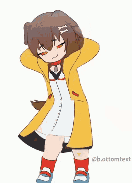 a cartoon of a girl with a dog 's head wearing a yellow coat and a white dress .