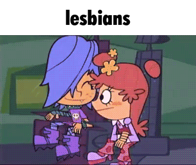 a couple of cartoon characters sitting next to each other with the word lesbians on the bottom