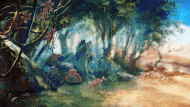 a painting of a lush green forest with flowers and rocks