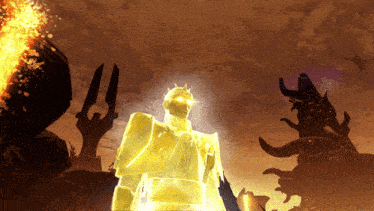 a statue of a man with a crown on his head stands in front of a fire