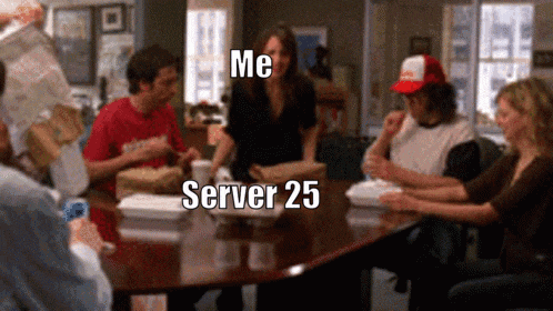 a group of people sitting around a table with the words me server 25 written on the table