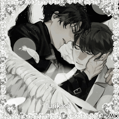 a black and white photo of two men with wings and the name furikasa on the bottom