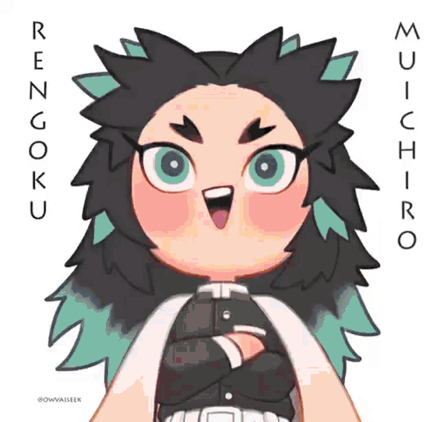 a cartoon drawing of a person with green hair and the name rengoku